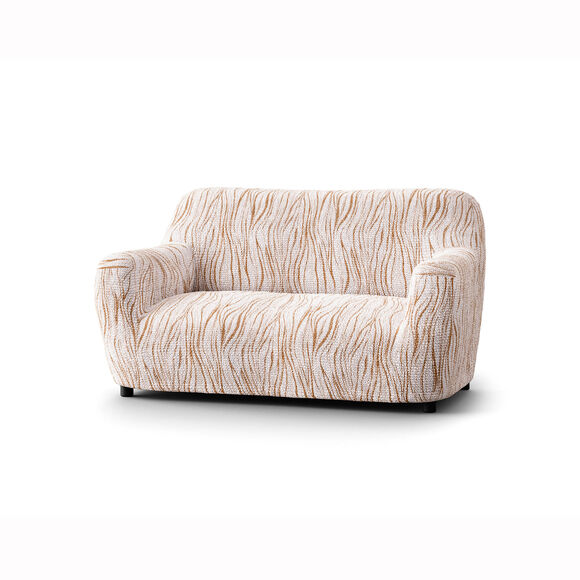 Housse bi-extensible microfibre imprimé vagues pour fauteuil et canapé (beige) Housse bi-extensible microfibre imprimé vagues pour fauteuil et canapé (beige)